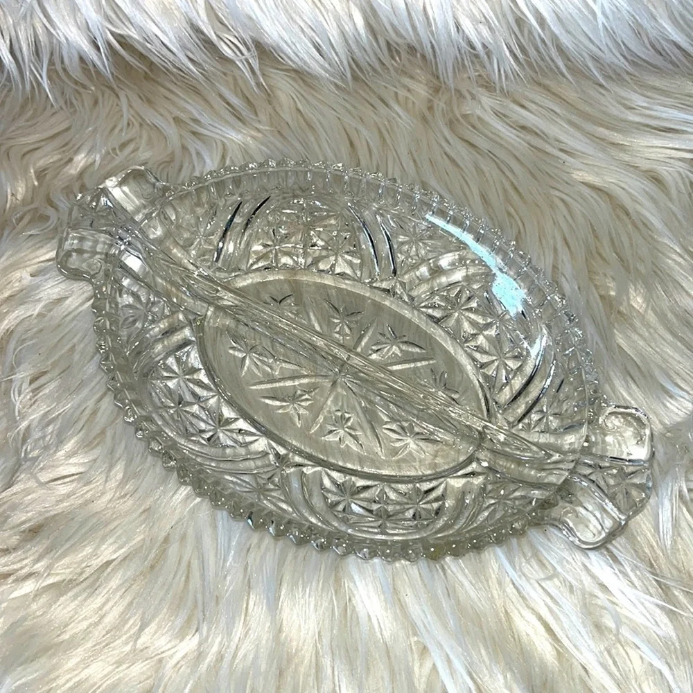 VTG Anchor Hocking Stars & Bars Pressed Pattern Clear Glass 2-Part Relis…